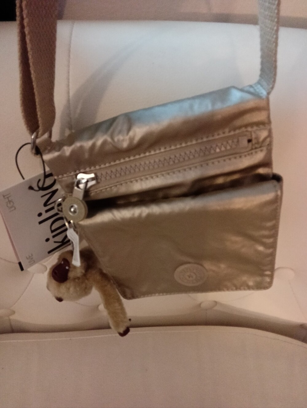 Kipling Eldorado or Keiko Metallic Taupe Crossbody Bag with Monkey Keychain NWT